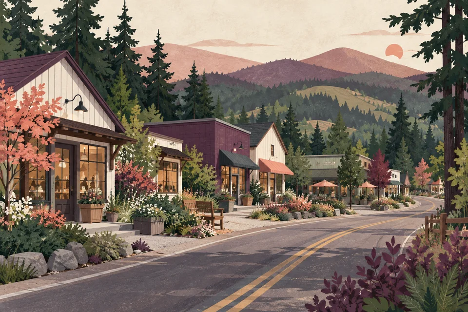 Concept illustration of modest rural shops beside a road with evergreen trees and rolling hills