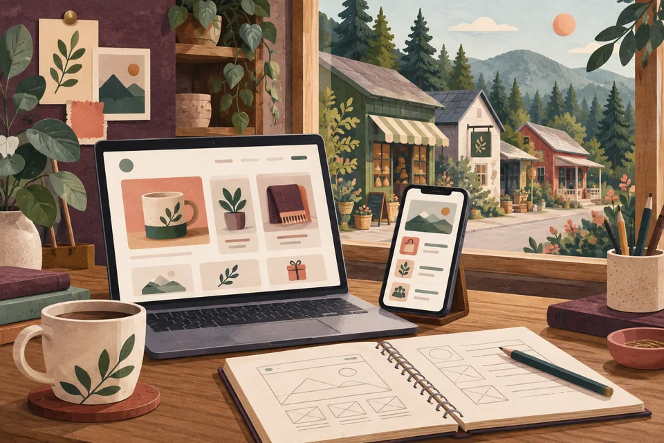 Concept illustration of a laptop and phone with product and service layouts overlooking rural shops
