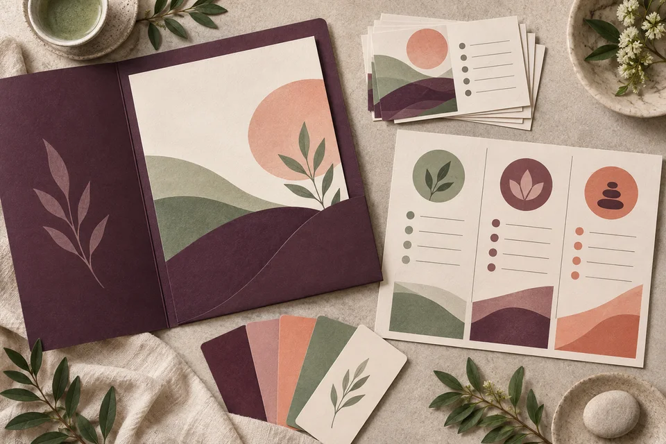 Concept illustration of a welcome folder, reminder cards, comparison guide, and paper swatches