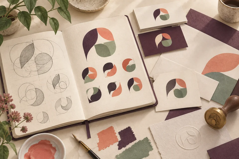 Concept illustration of abstract identity sketches and one-color mark studies