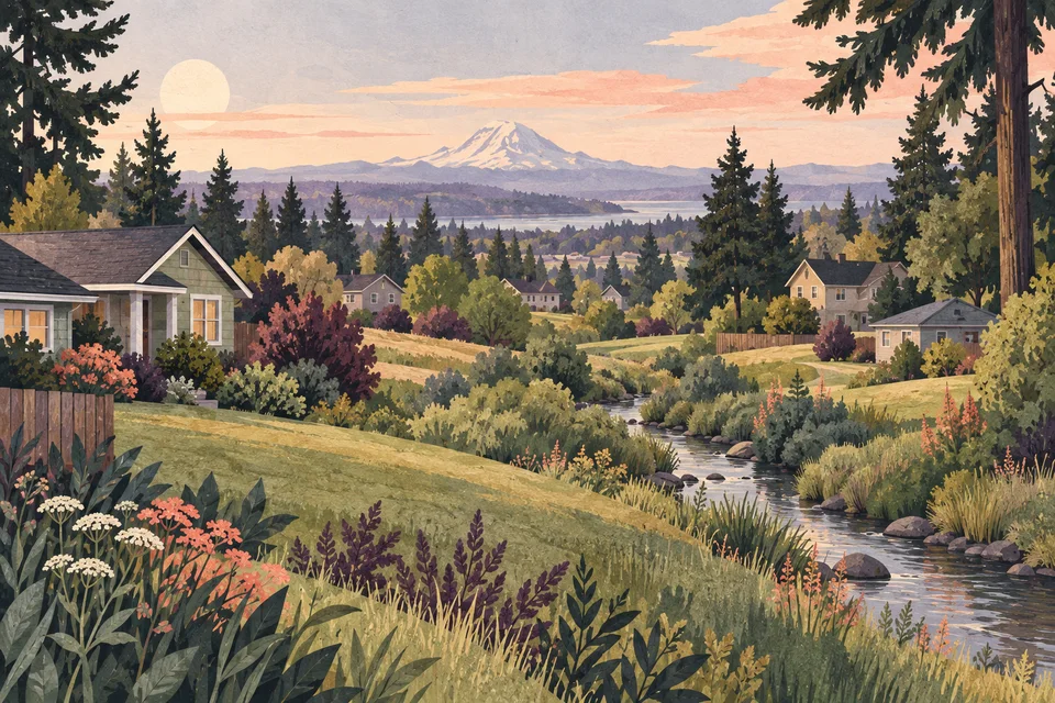 Concept illustration of homes, fir trees, grassy areas, and a narrow creek in an imagined neighborhood