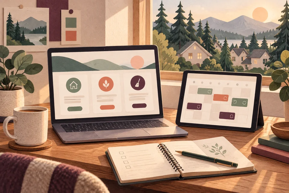 Concept illustration of a laptop and tablet showing service choices and calendar blocks