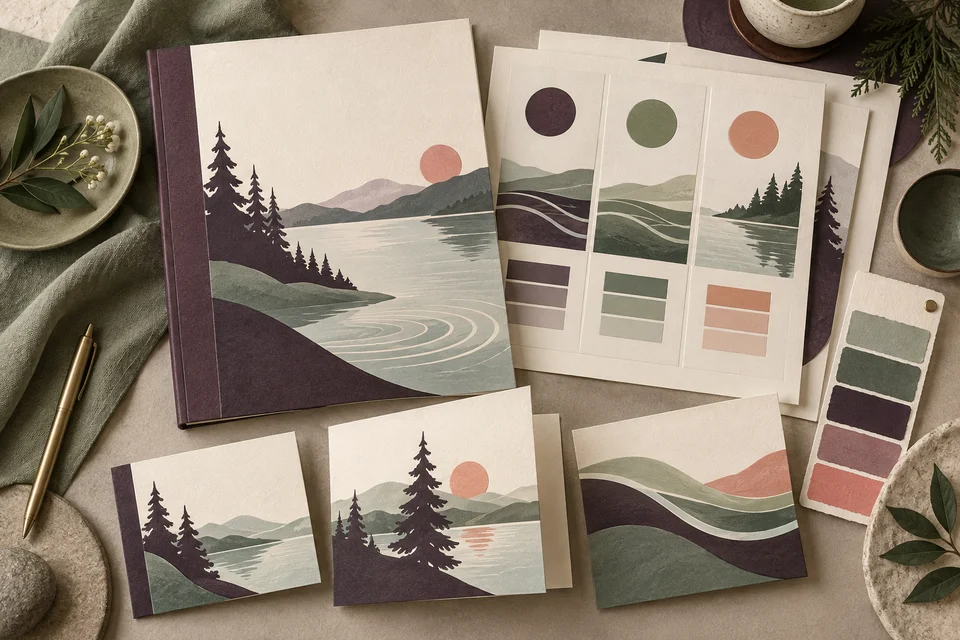 Concept illustration of coordinated printed guides, folded cards, and color swatches