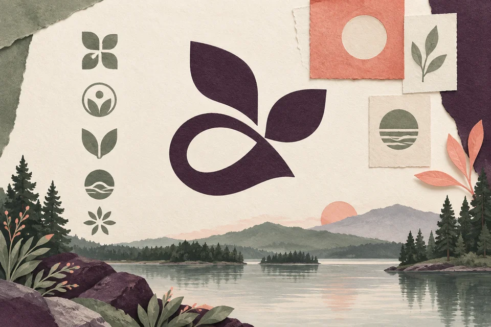 Concept illustration of original abstract loop and leaf symbol studies in plum and coral
