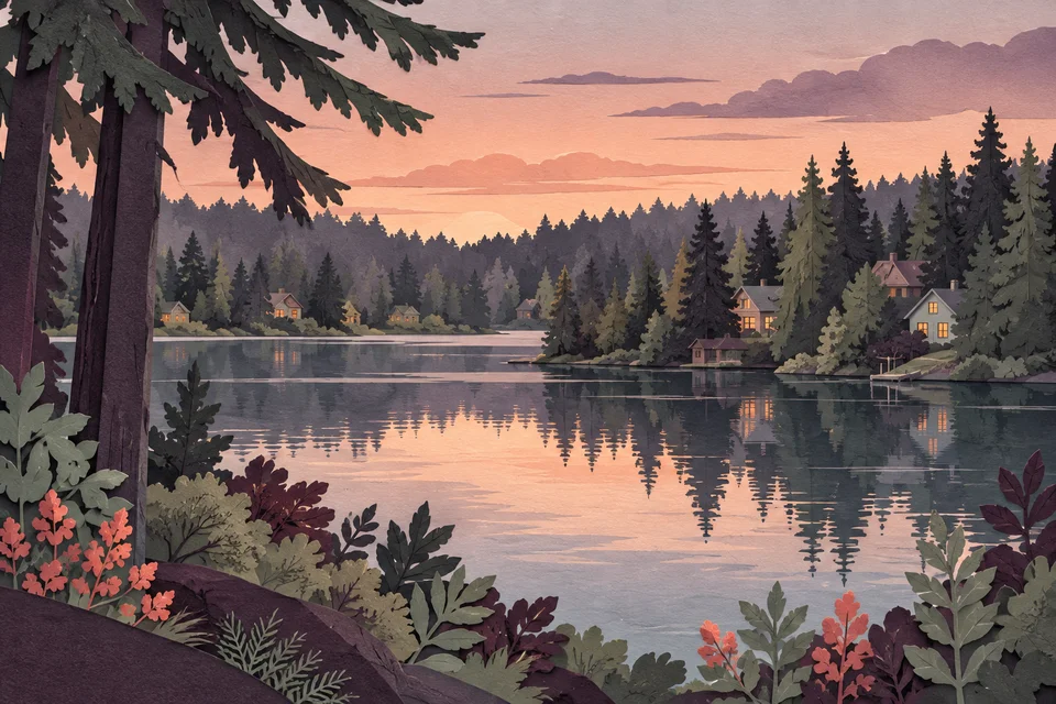 Concept illustration of a calm lake with layered evergreens and partly hidden neighborhood rooftops