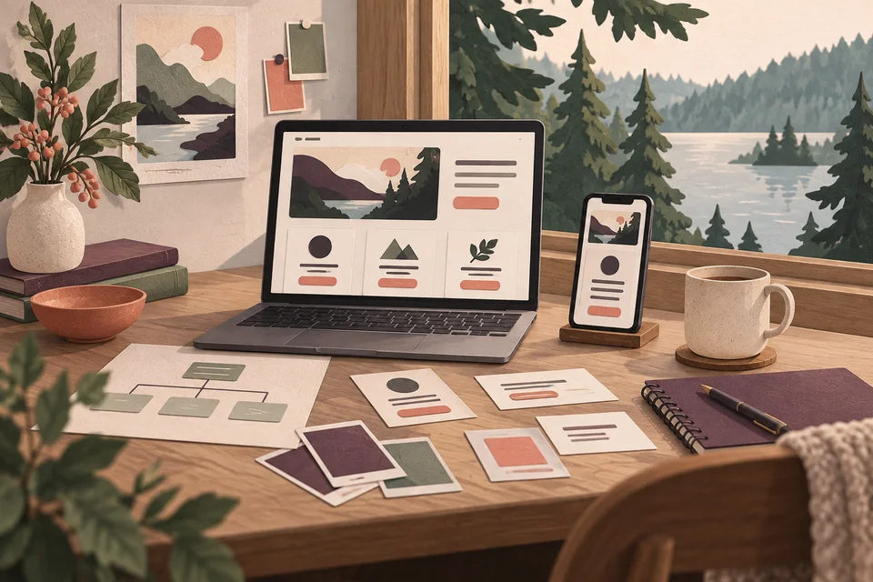 Concept illustration of a website planning desk with laptop, phone, and paper layout cards