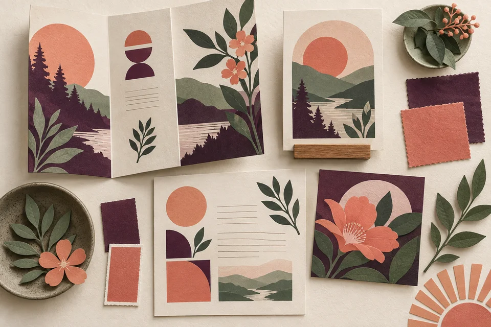 Concept illustration of coordinated promotional brochures, counter cards, and color swatches