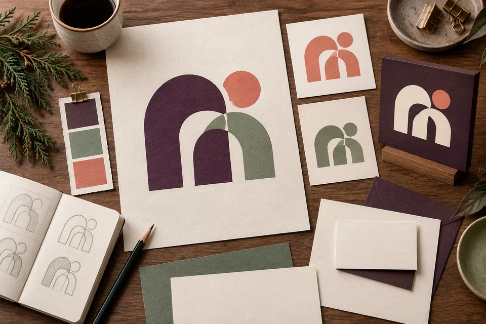 Concept illustration of abstract arch logo studies with stationery and a small sign mockup