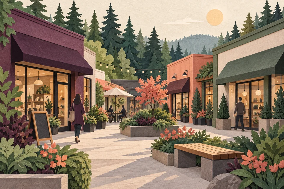 Concept illustration of independent storefronts, planted beds, and evergreen trees in an imagined courtyard