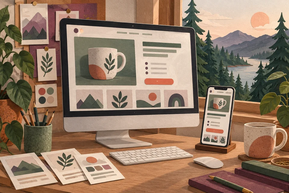Concept illustration of a shop website on a monitor and phone with content planning cards
