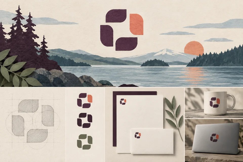 Concept illustration of geometric logo studies with stationery and pencil grids
