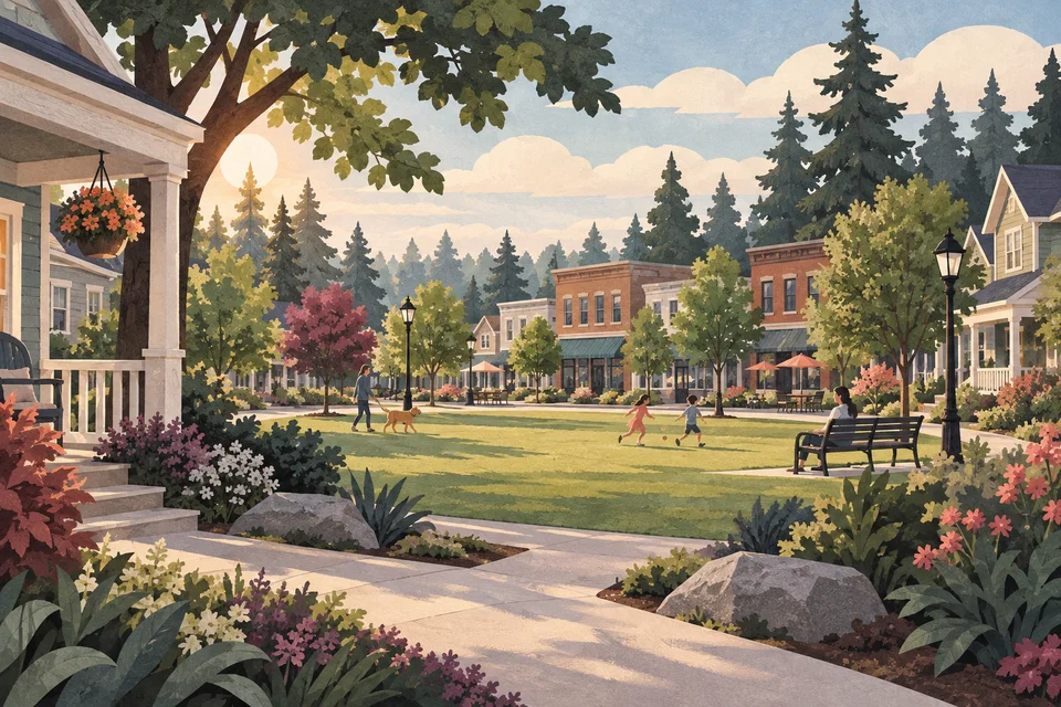 Concept illustration of a neighborhood green with front-porch houses, brick facades, and evergreens