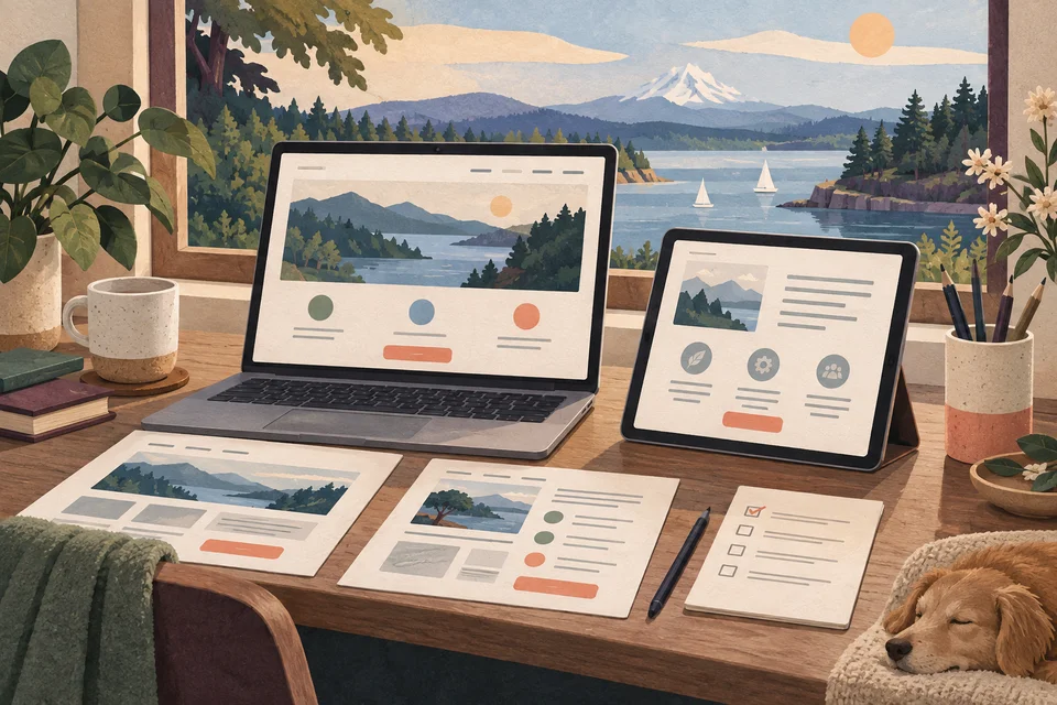 Concept illustration of a website launch workspace with laptop, tablet, and planning cards