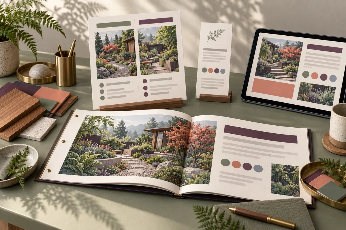 Conceptual open project booklet, two-option comparison sheet, summary card, and tablet with coordinated garden imagery and sage, plum, and coral layouts