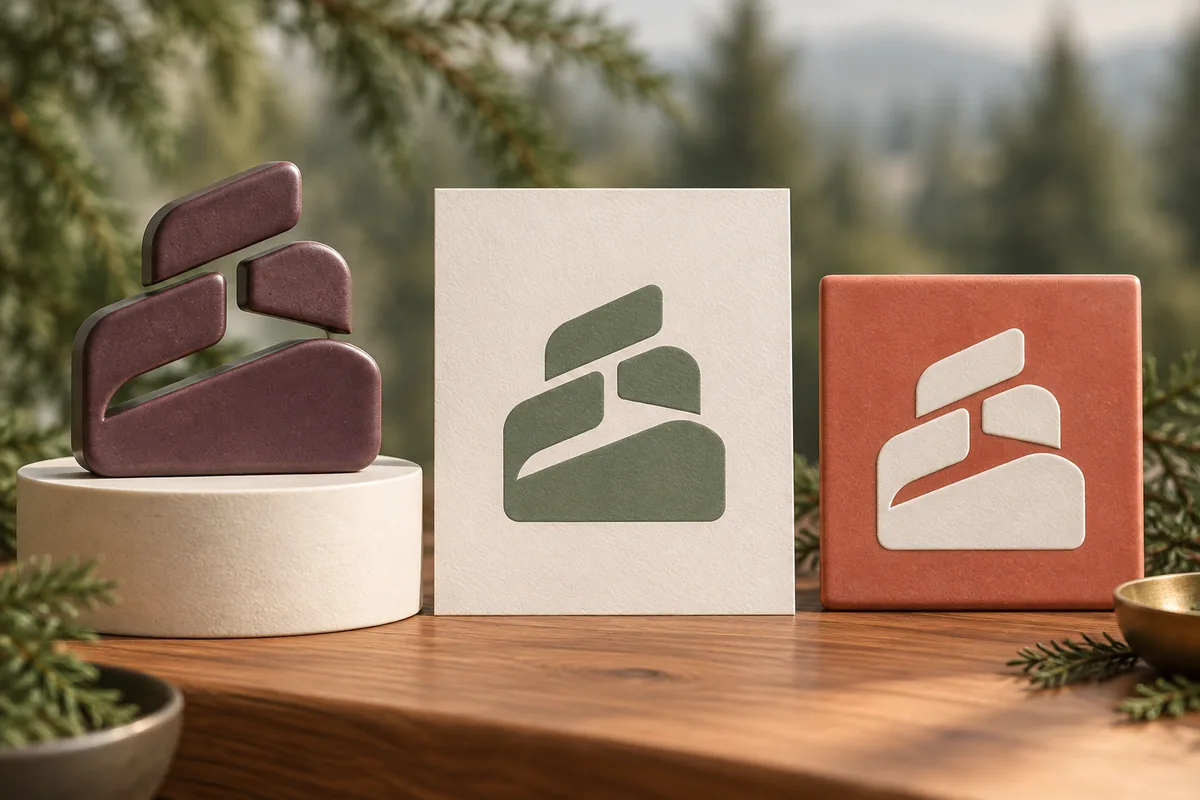 Conceptual terraced geometric emblem shown as a plum sculpture, sage artwork on an ivory card, and ivory artwork on a coral tile