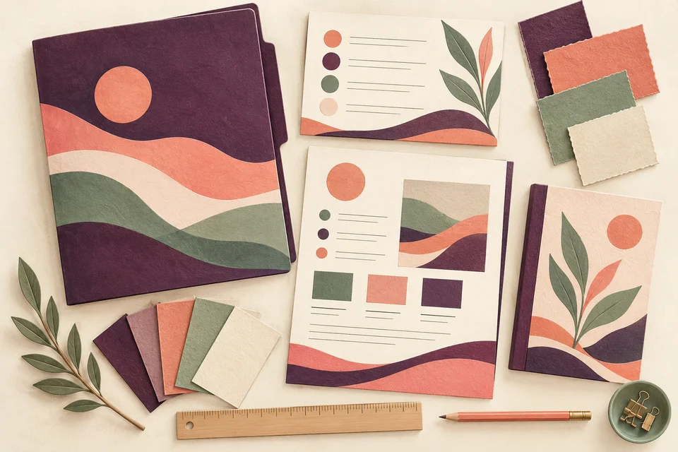 Concept illustration of a welcome folder, preparation card, and coordinated customer documents