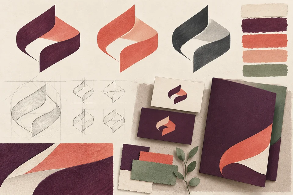 Concept illustration of an abstract folded ribbon identity with variations and stationery applications