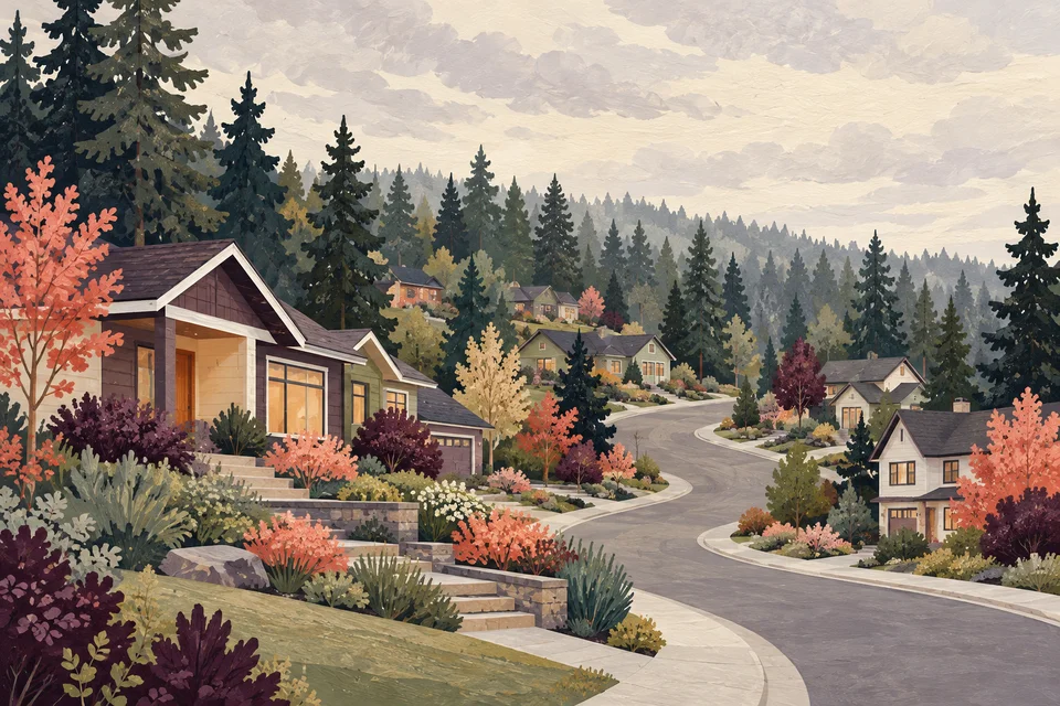 Concept illustration of a wooded hillside neighborhood with gardens and a curving street