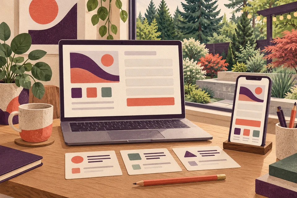 Concept illustration of a laptop inquiry form, matching phone interface, and task cards