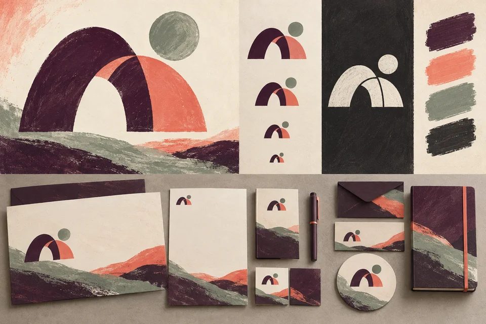 Concept illustration of paired-arch identity studies with scale tests and stationery arrangements