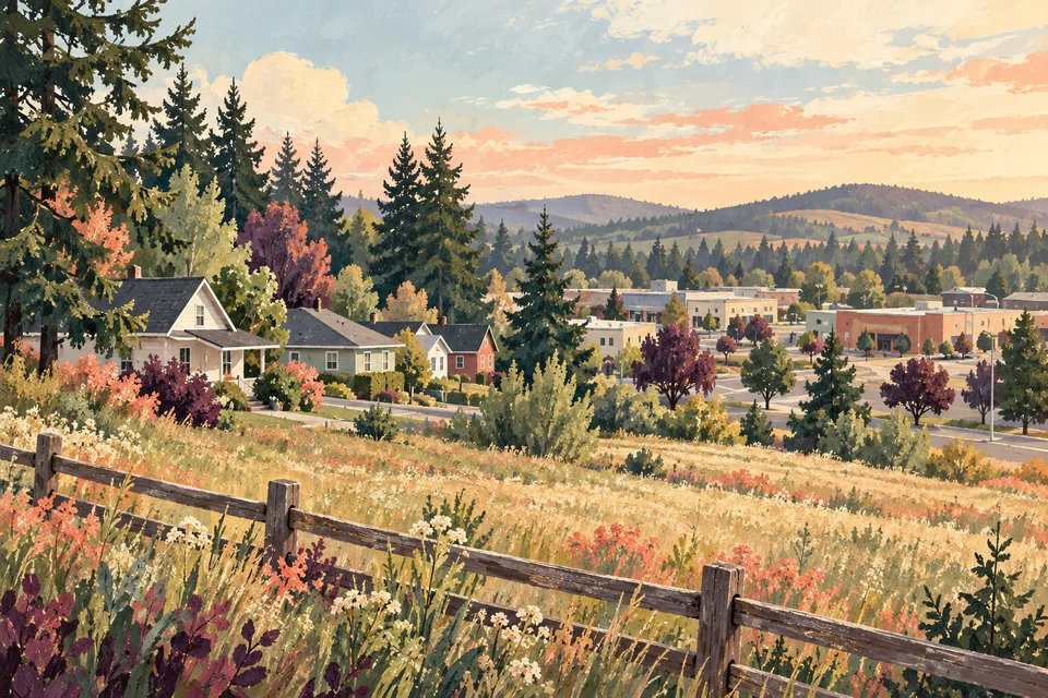 Concept illustration of a pastoral neighborhood edge with meadow, fence, and evergreen trees