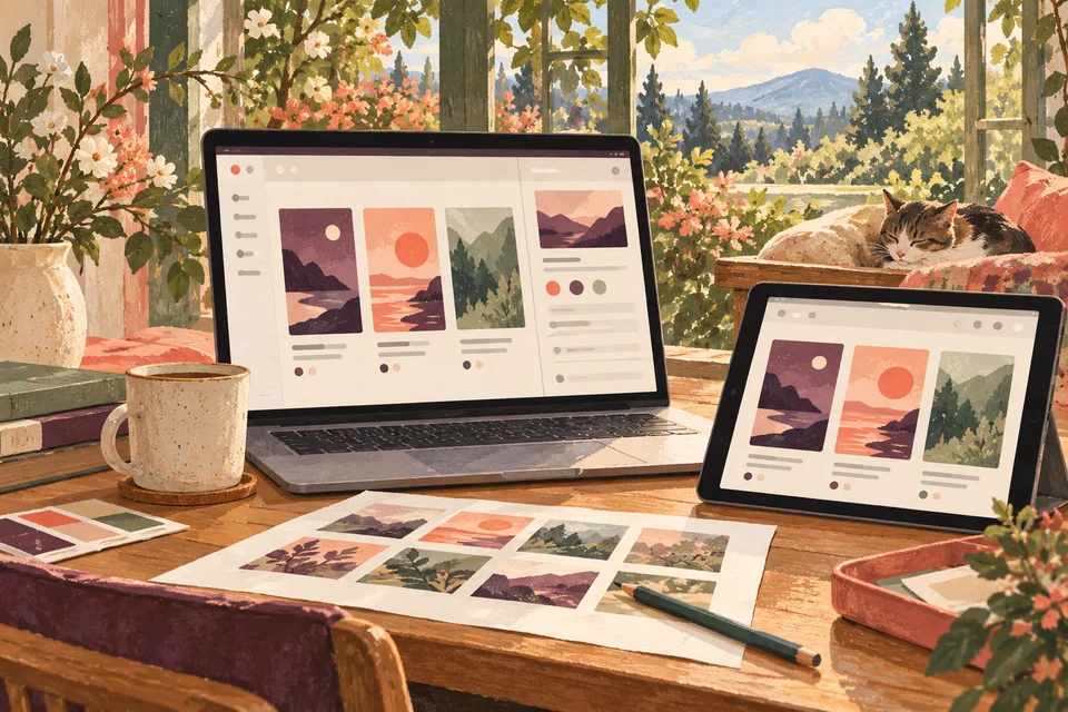 Concept illustration of a project-story website workspace with laptop, tablet, and image sheets