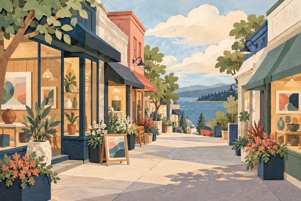 Concept illustration of a small creative shopping street with planters and a glimpse of the sound