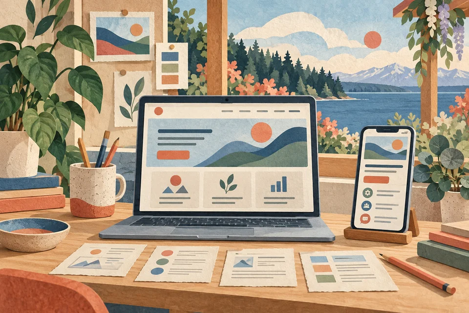 Concept illustration of a business website workspace with program cards and a matching phone interface