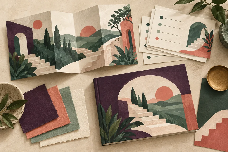 Concept illustration of a customer guide, checklist cards and booklet with stepped-path graphics