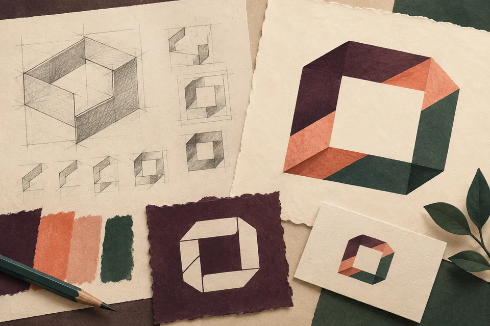 Concept illustration of stepped ribbon and open square identity studies and single-color applications