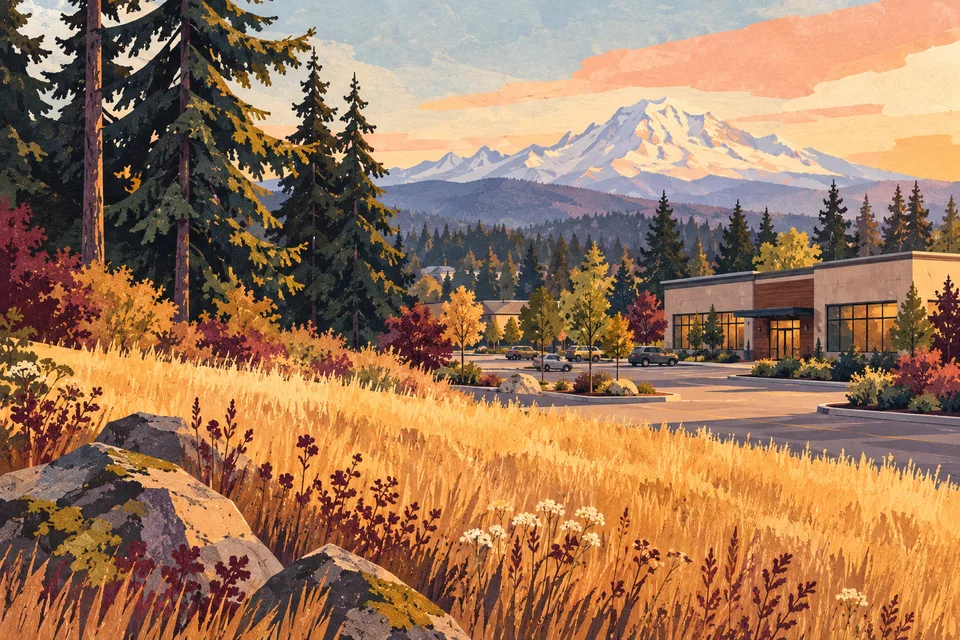 Concept illustration of an imagined business building beside open grass and evergreens with a distant mountain