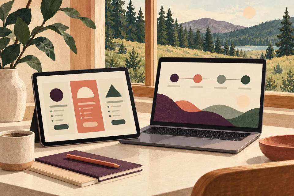 Concept illustration of service choices and progress steps on a laptop and tablet