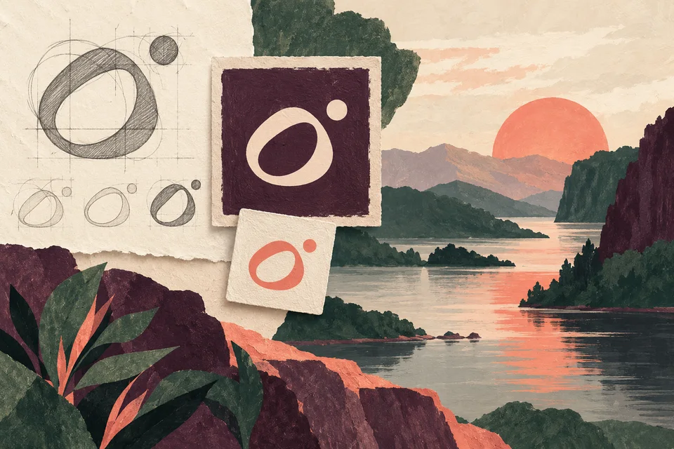 Concept illustration of rounded open-loop identity studies with an offset dot and single-color stamp