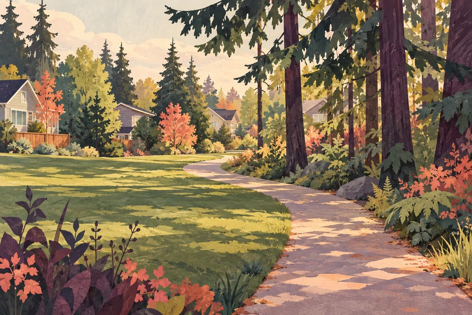 Concept illustration of a winding neighborhood path between open grass and evergreen woodland