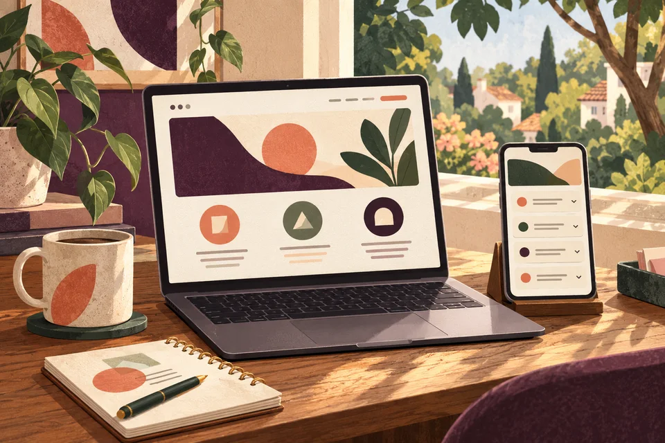 Concept illustration of service content and FAQ cards on a laptop and phone near a leafy window