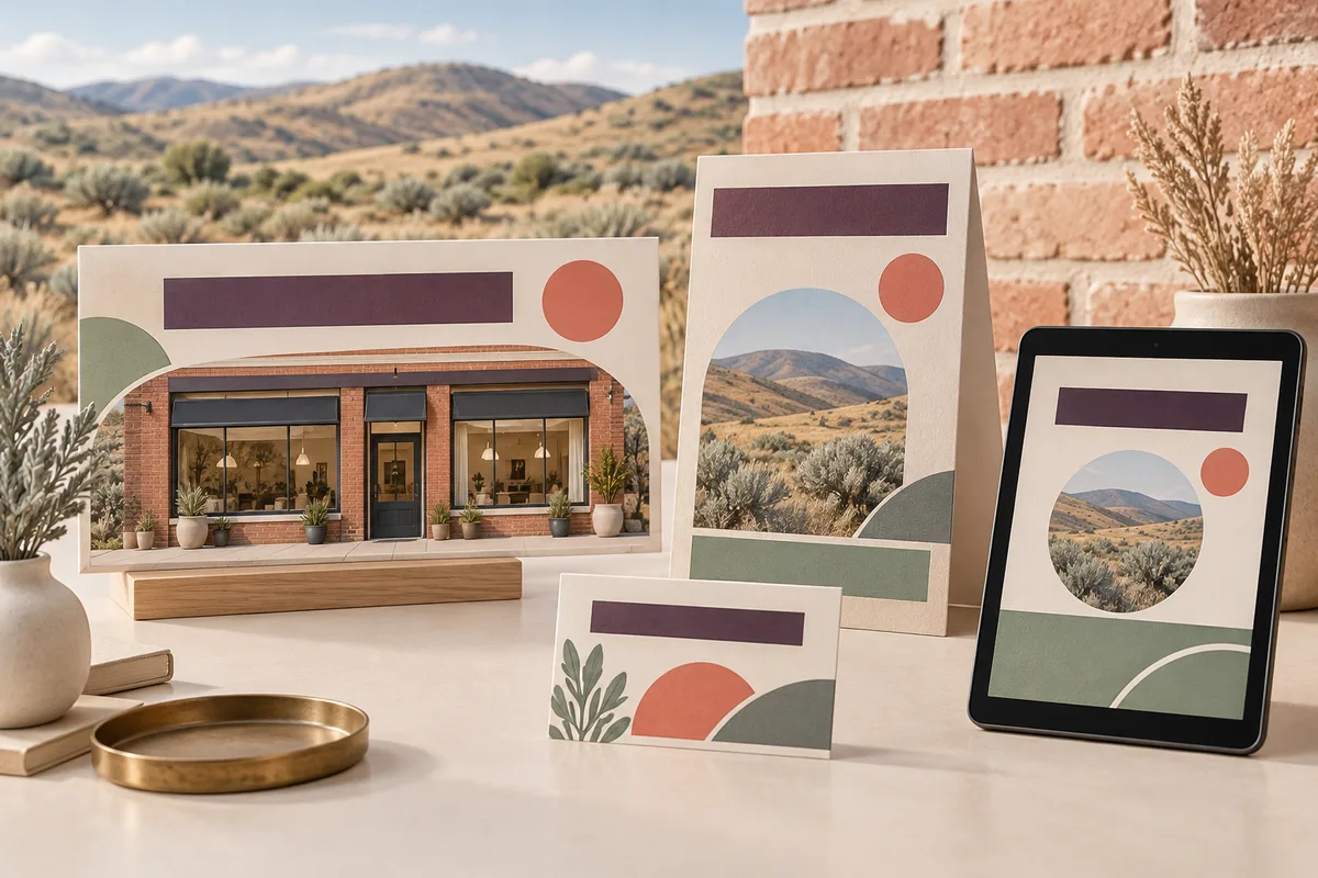 Conceptual window display, folded counter card, take-away card, and tablet graphic with brick storefront imagery and sage, plum, and coral shapes