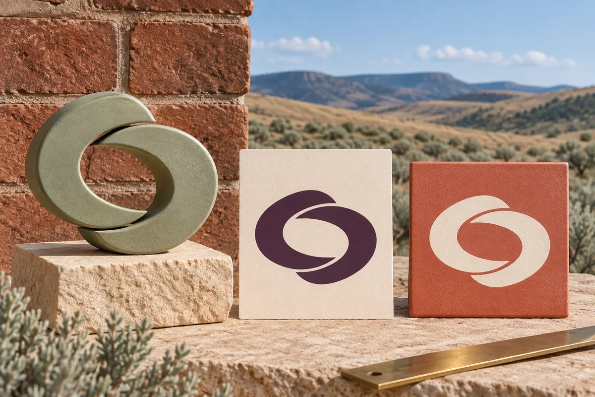 Conceptual oval emblem formed by two curved bands, displayed as sage sculpture, plum artwork on ivory, and ivory artwork on coral