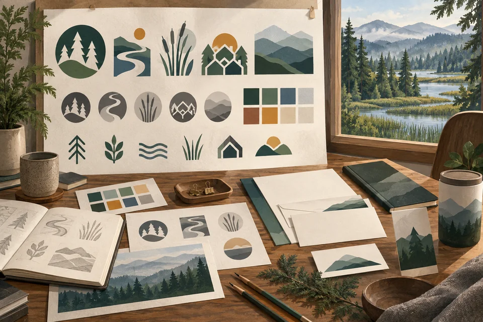 Conceptual identity sketches beside a Fairwood-inspired evergreen and wetland landscape