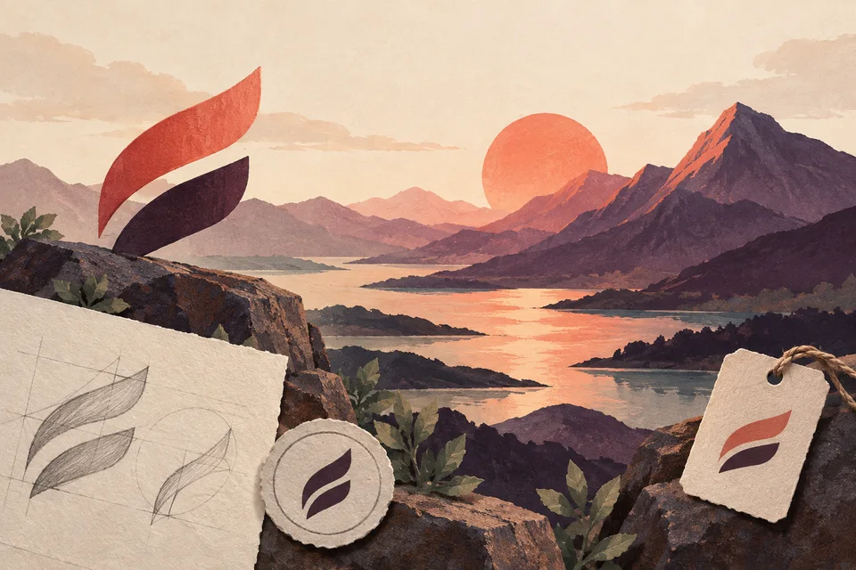 Concept illustration of paired curved geometric identity studies with a monochrome stamp and tag