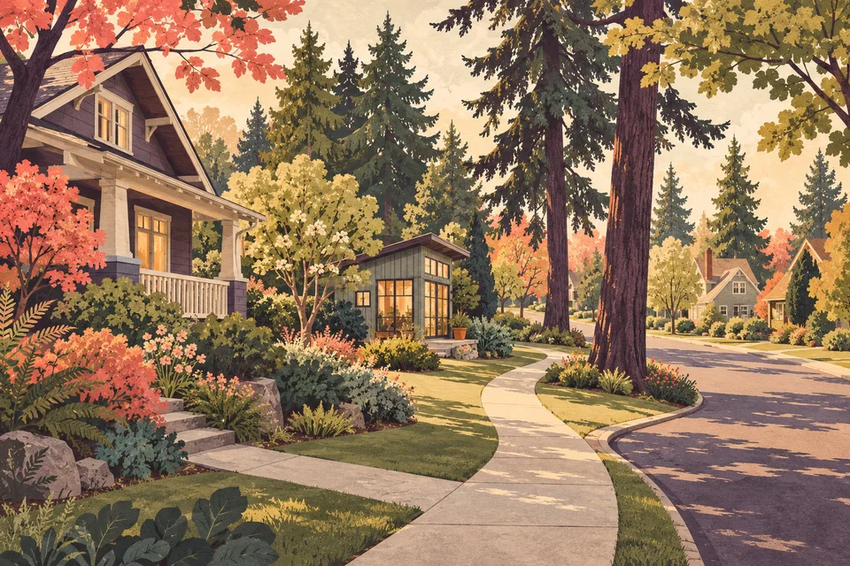 Concept illustration of a curving tree-lined neighborhood sidewalk with homes and a small studio