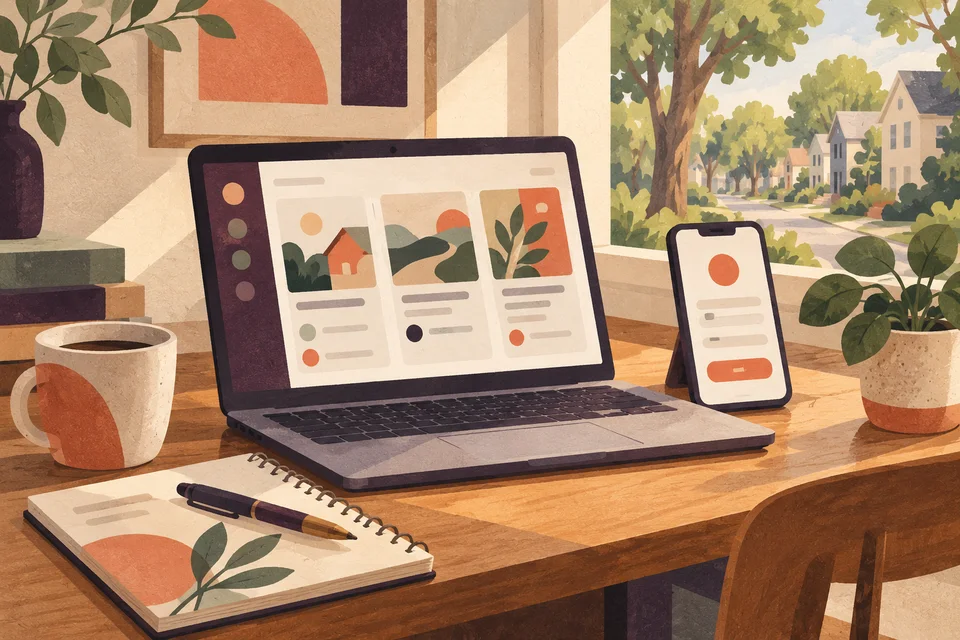Concept illustration of project examples on a laptop and an inquiry layout on a phone