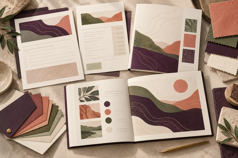 Concept illustration of coordinated request sheets, estimate booklet and service guide with curved contour lines