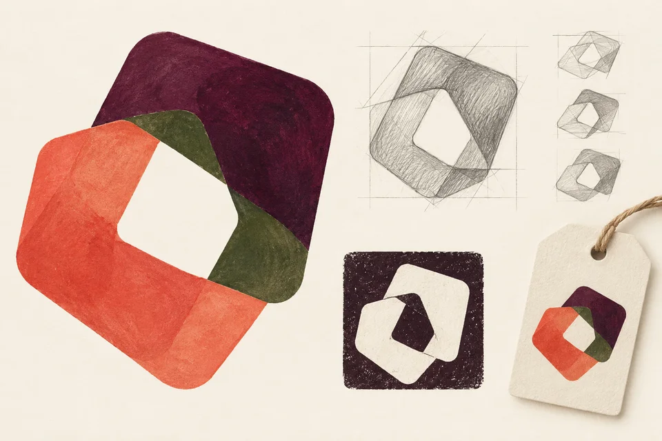 Concept illustration of offset rounded geometric identity studies with an open center and monochrome stamp