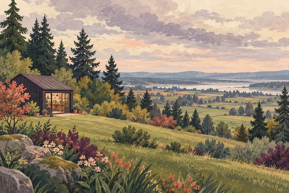Concept illustration of a small workshop above green lowland fields and mixed trees