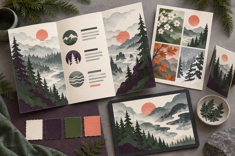 Concept illustration of a business brochure with a separate seasonal insert and coordinated cards