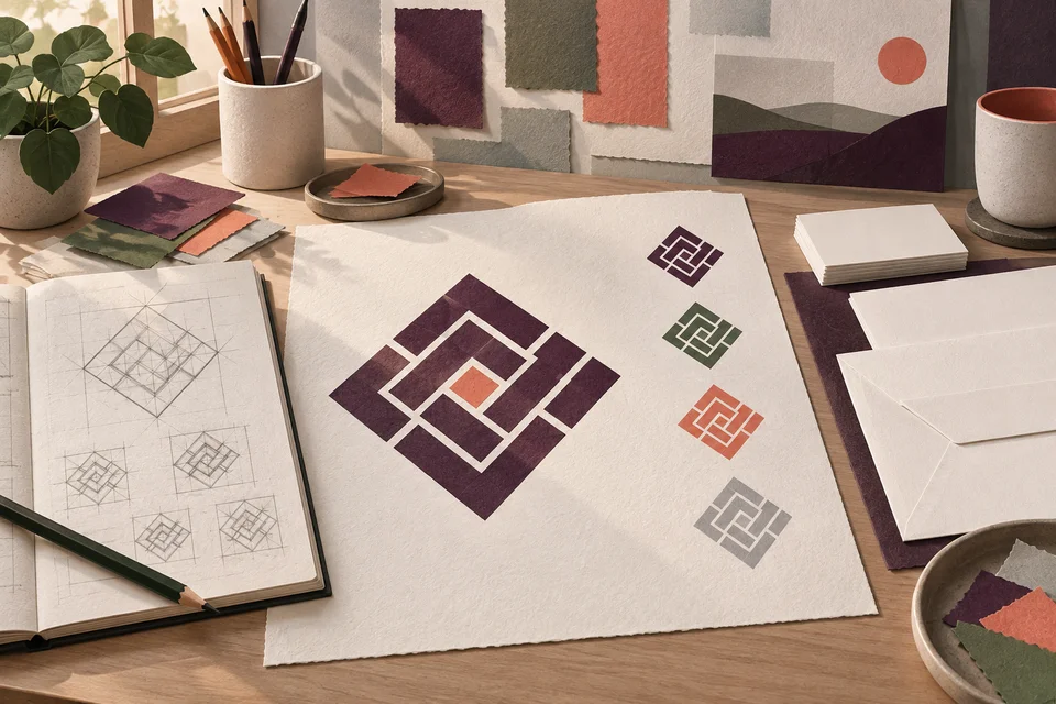 Concept illustration of angular geometric logo studies with one-color variations and stationery