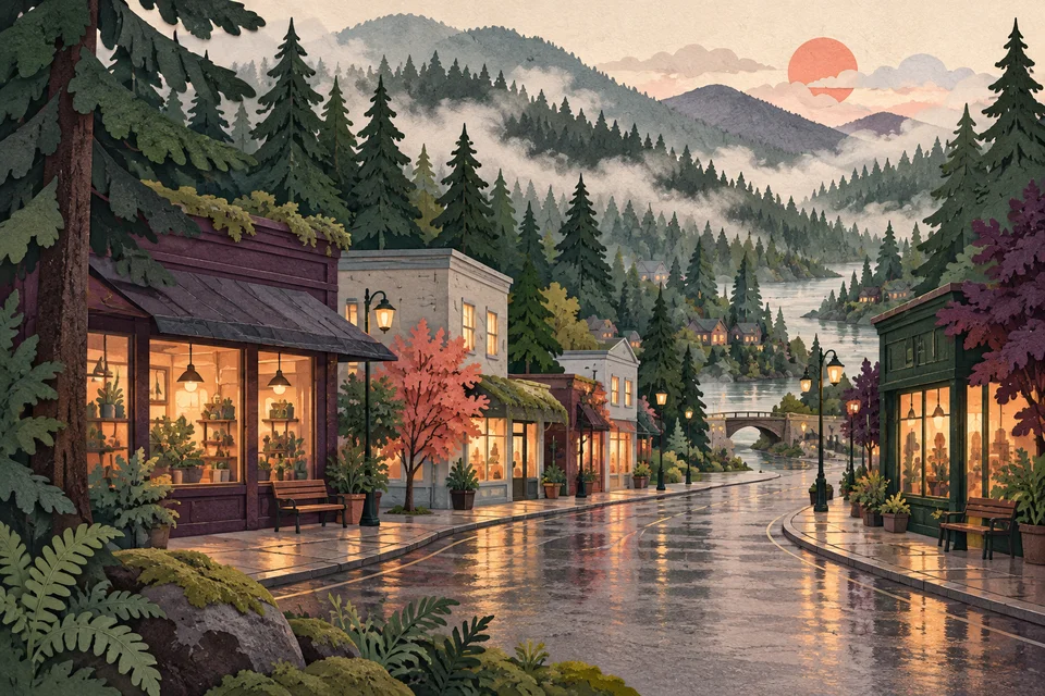 Concept illustration of a small town among misty conifer forests and wooded hills