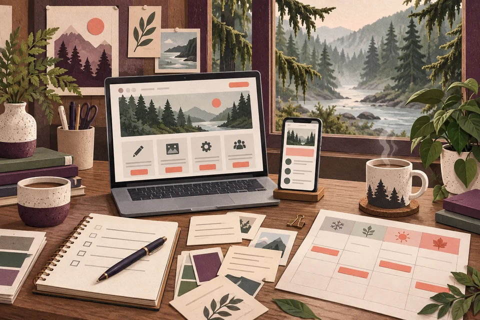 Concept illustration of website planning with a laptop, phone, calendar layout, and paper cards