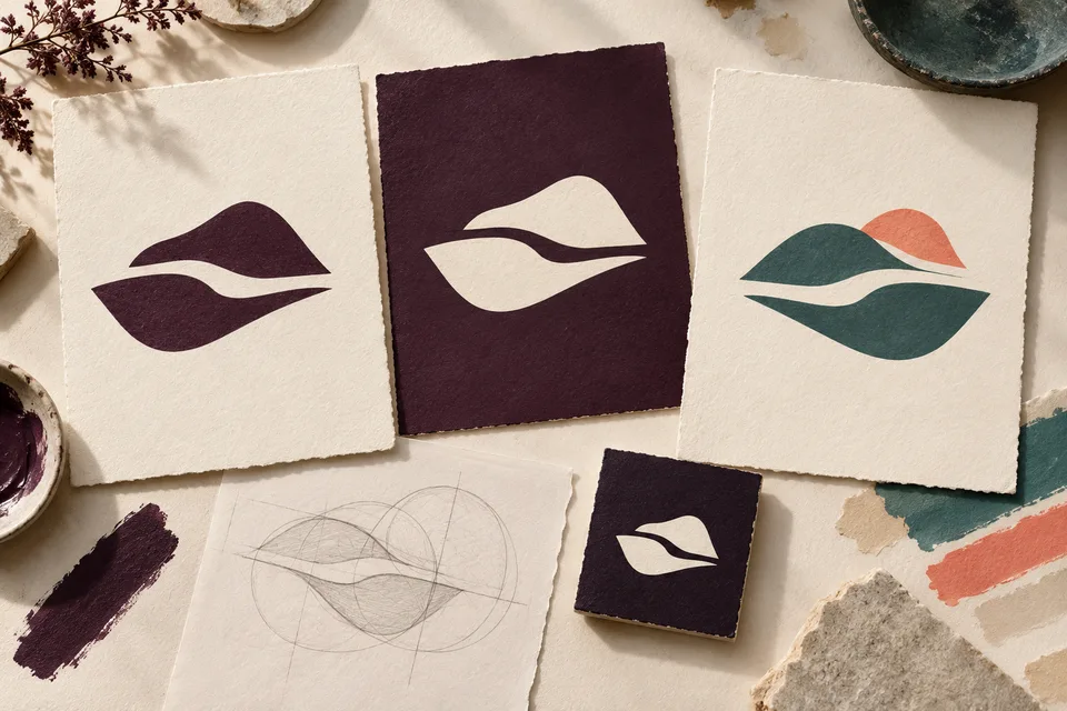 Concept illustration of an abstract land-and-water mark in color, reversed, and single-color versions