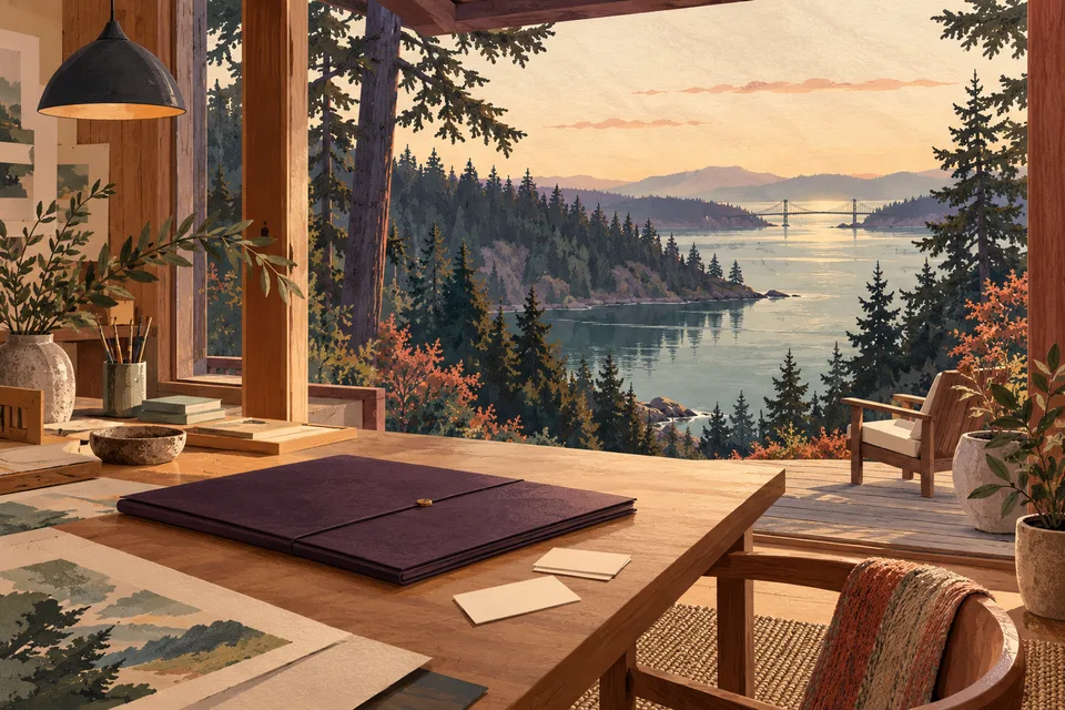 Concept illustration of a studio worktable overlooking an imagined wooded island shoreline